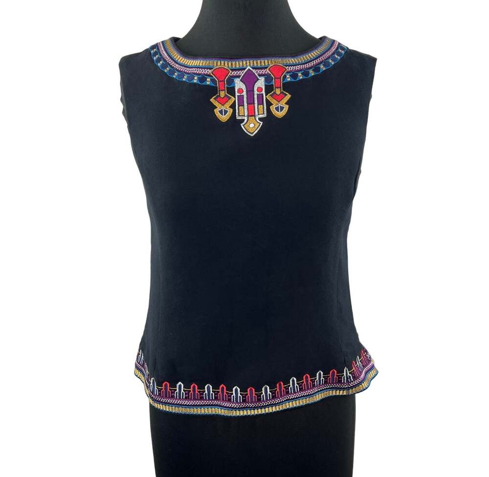 C Wonder Black Embroidered Top Egyptian Tribal Geometric Blouse Top Size 4 $148